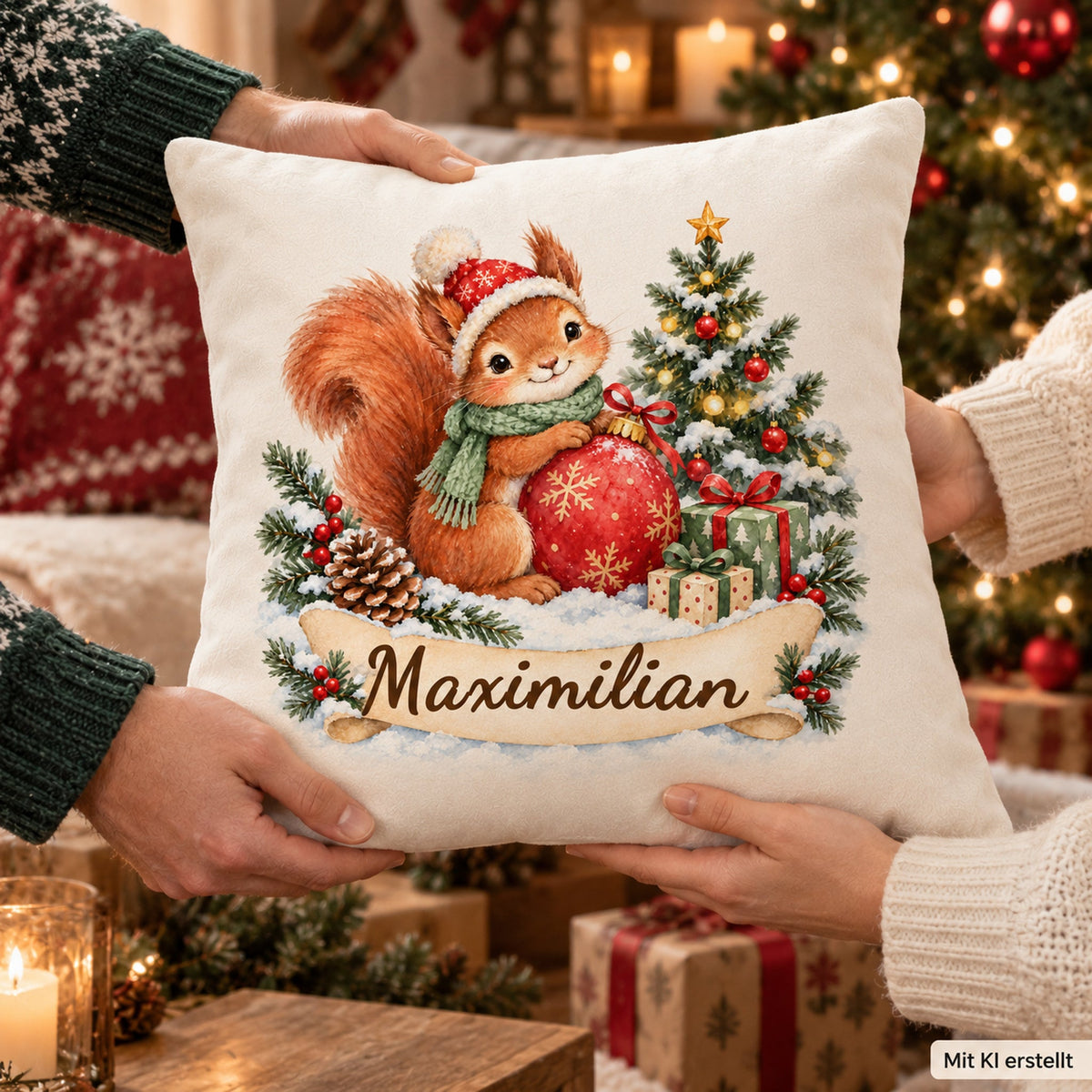 Weihnachts-Kissenbezug Eichhörnchen mit Wunschname – Verwendung
