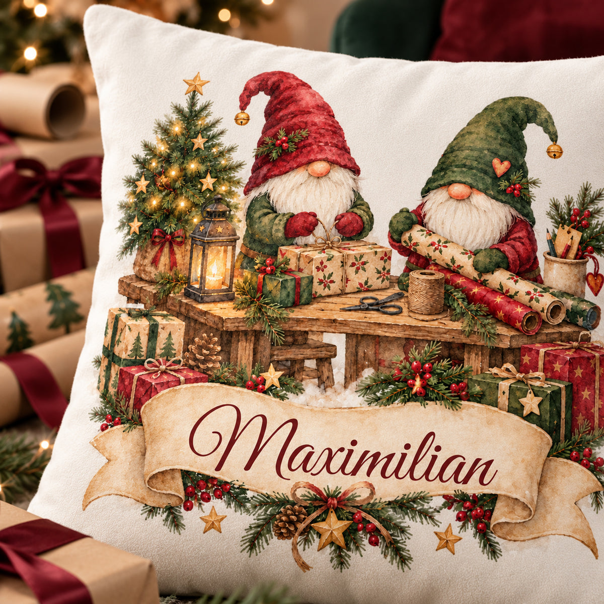 Personalisierter Weihnachtskissenbezug Wichtelwerkstatt mit Beispielname Maximilian – Druckdetail