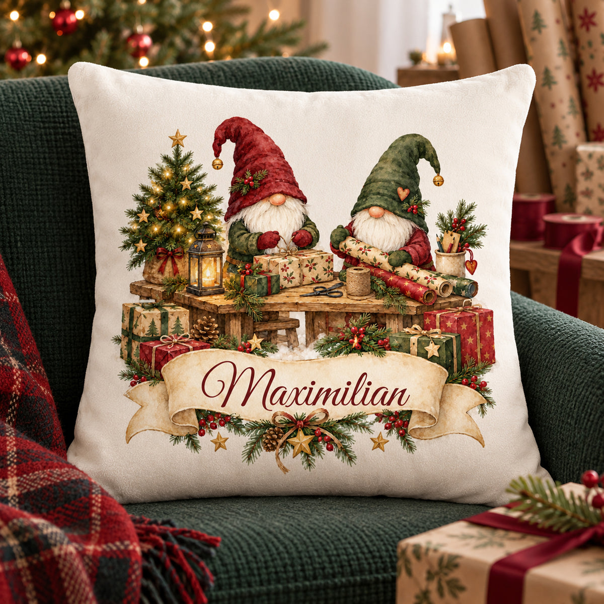 Personalisierter Weihnachtskissenbezug Wichtelwerkstatt mit Beispielname Maximilian – Wohnraumszene