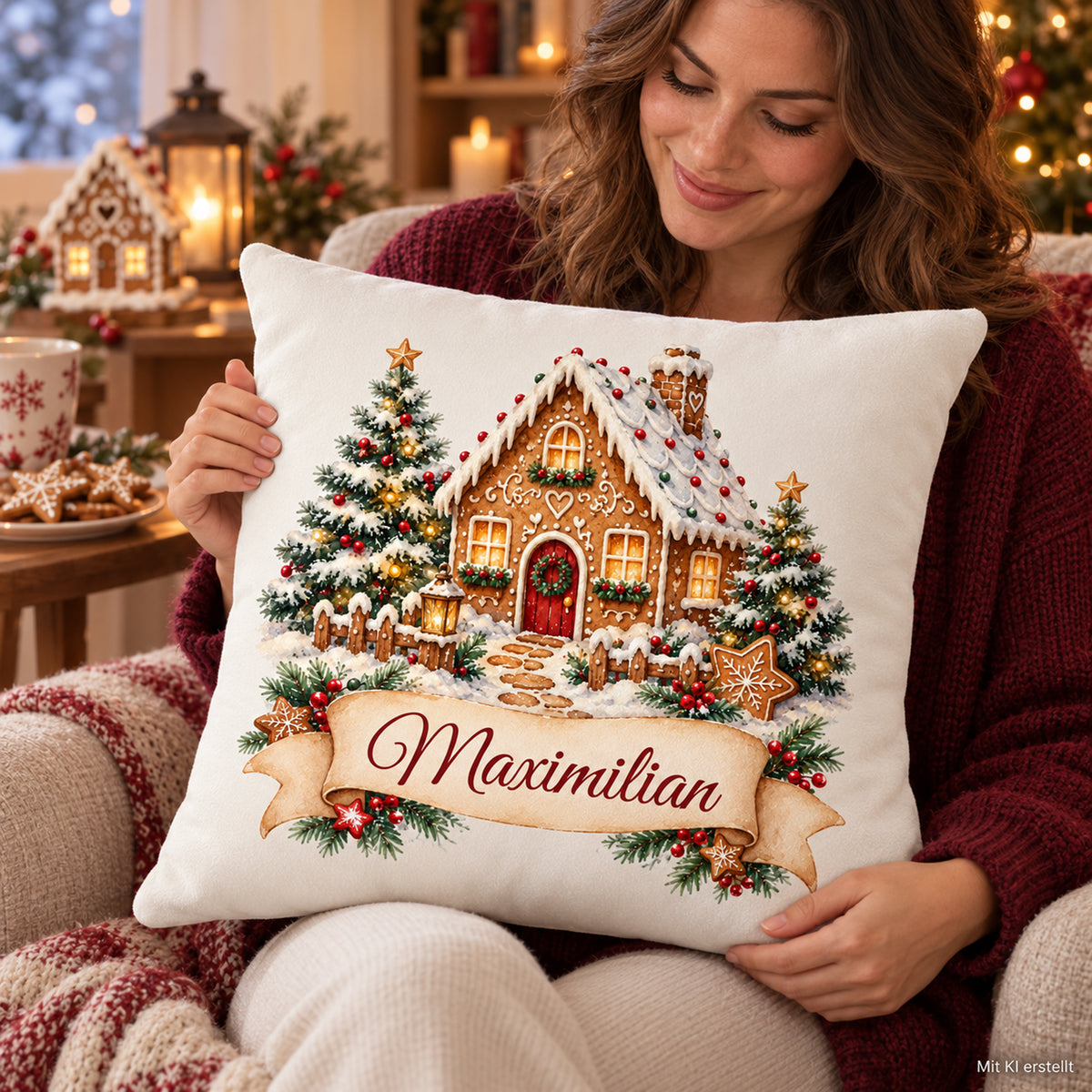 Personalisierter Weihnachtskissenbezug Lebkuchenhäuschen mit Beispielname Maximilian – Nutzungsszene
