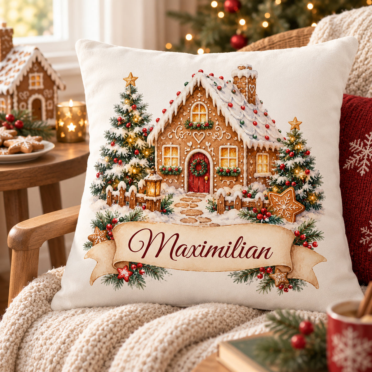 Personalisierter Weihnachtskissenbezug Lebkuchenhäuschen mit Beispielname Maximilian – Wohnraumszene