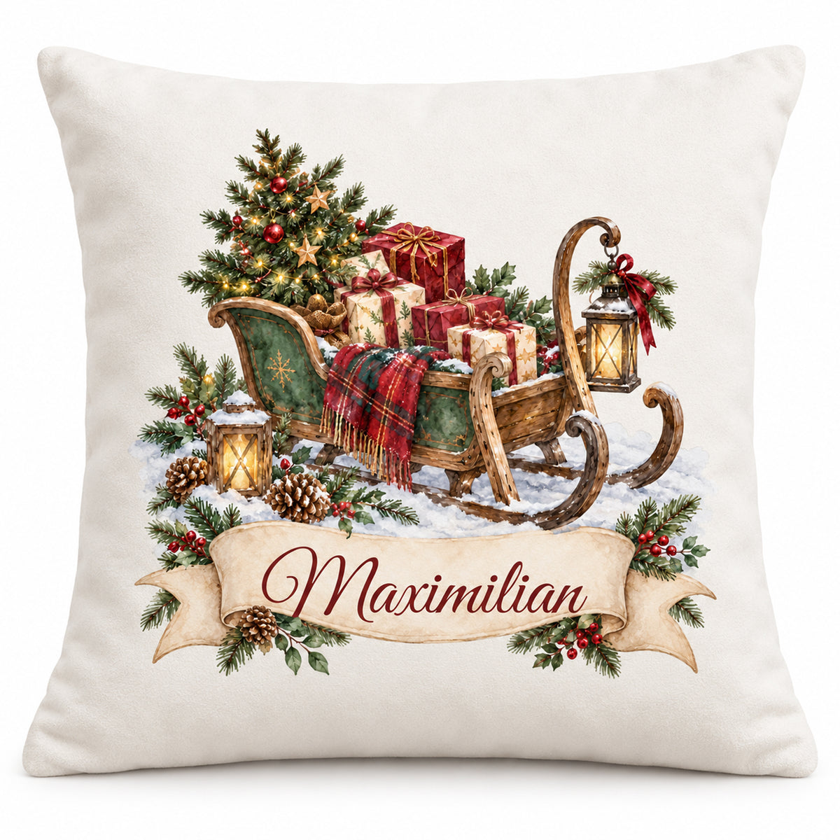 Personalisierter Weihnachtskissenbezug Geschenkschlitten mit Beispielname Maximilian – Vorderansicht