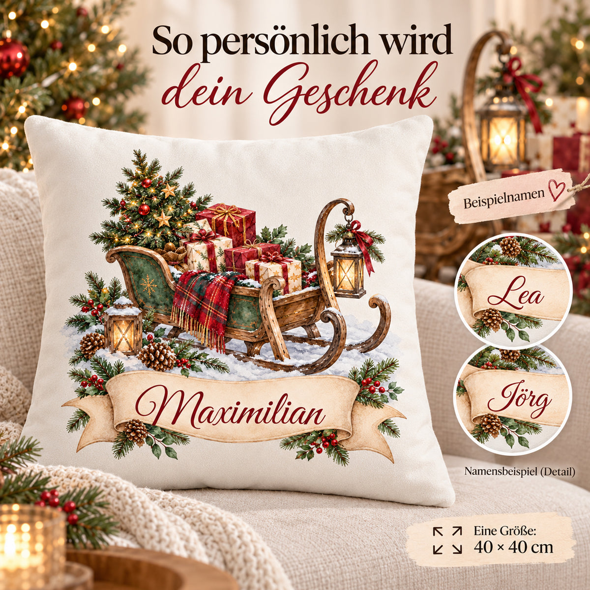 Personalisierter Weihnachtskissenbezug Geschenkschlitten mit Beispielname Maximilian – Namensbeispiele
