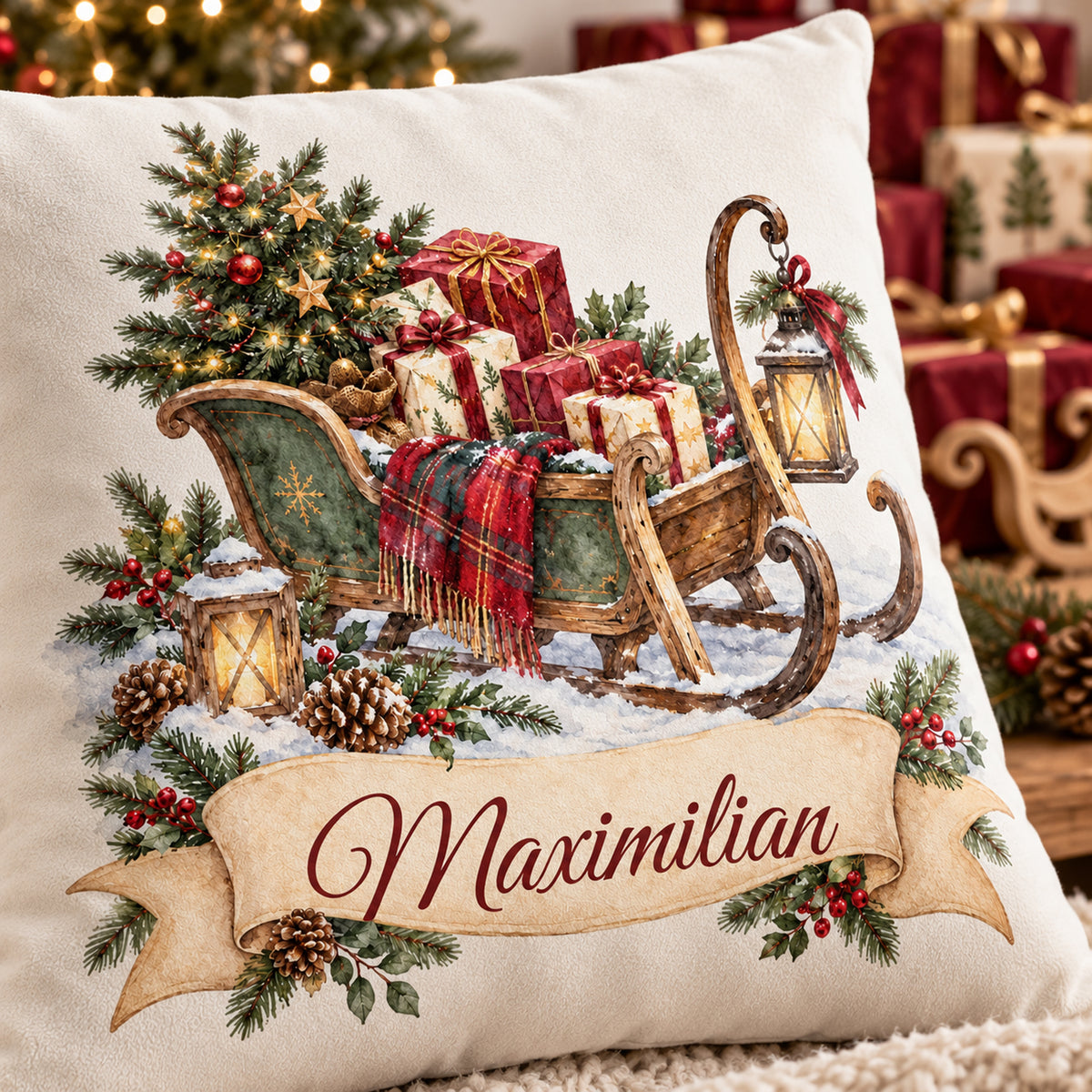 Personalisierter Weihnachtskissenbezug Geschenkschlitten mit Beispielname Maximilian – Druckdetail