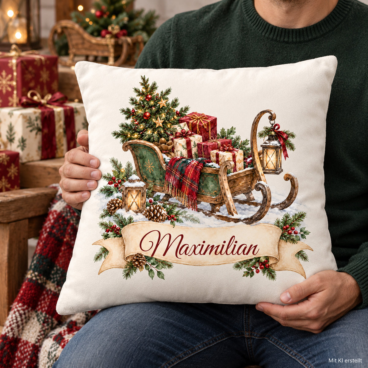 Personalisierter Weihnachtskissenbezug Geschenkschlitten mit Beispielname Maximilian – Nutzungsszene