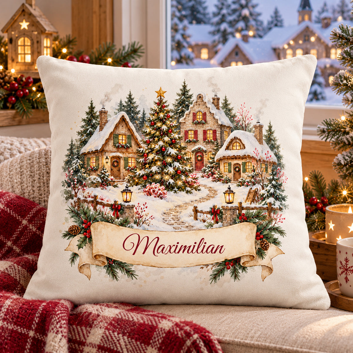 Personalisierter Weihnachtskissenbezug Weihnachtsdorf mit Beispielname Maximilian – Weihnachtsszene