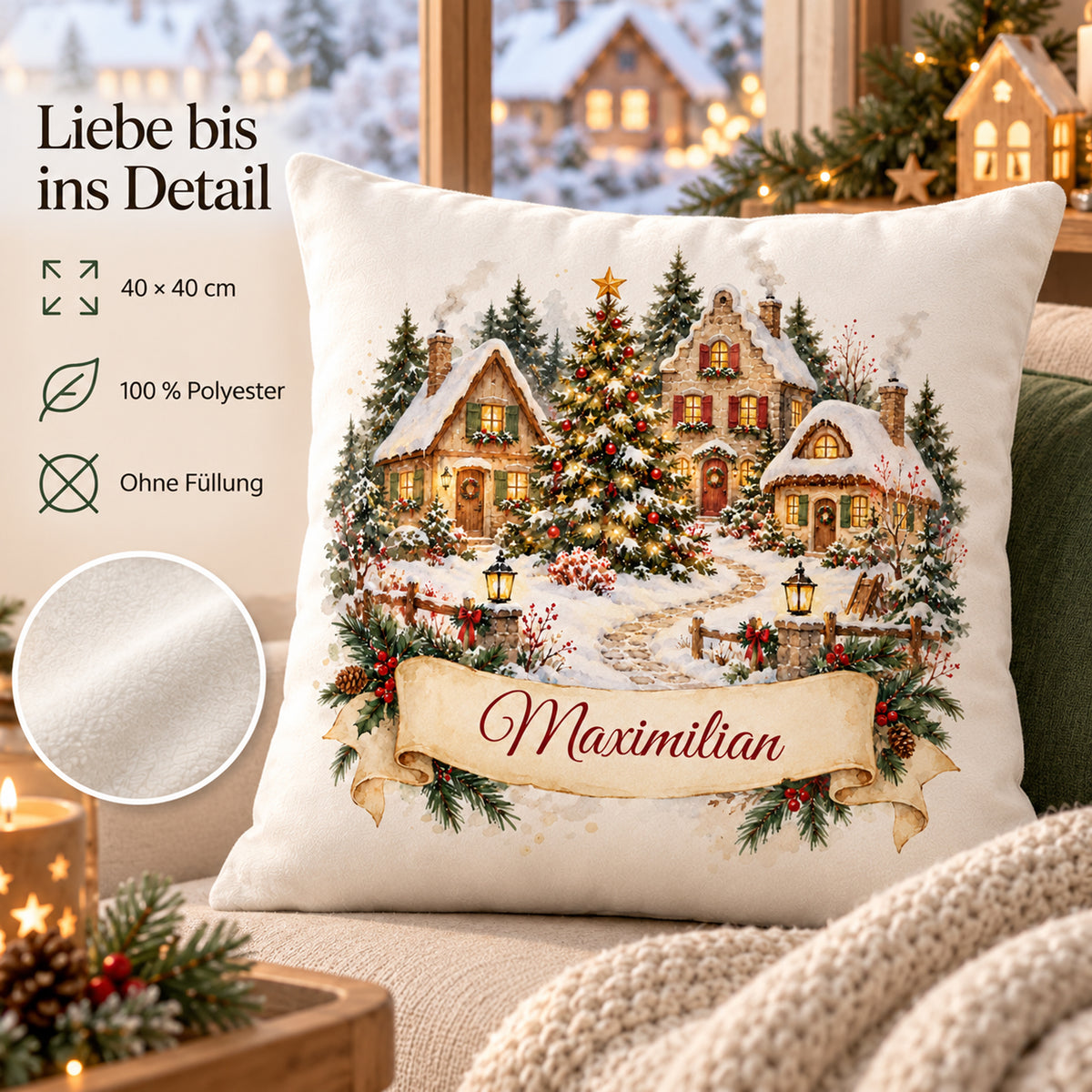 Personalisierter Weihnachtskissenbezug Weihnachtsdorf mit Beispielname Maximilian – Produktdetails