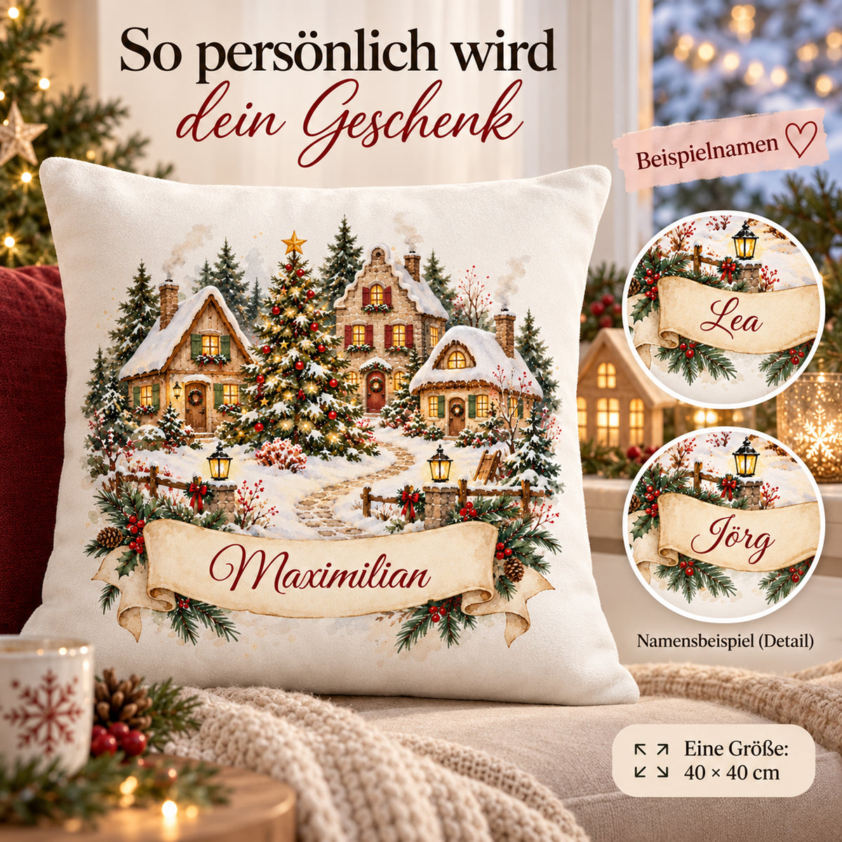 Personalisierter Weihnachtskissenbezug Weihnachtsdorf mit Beispielname Maximilian – Namensbeispiele