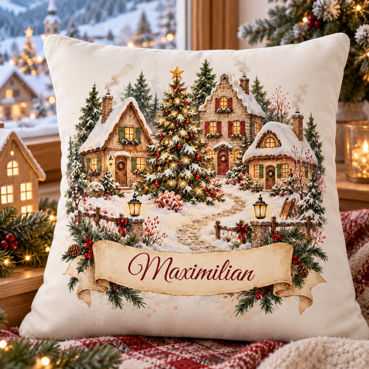 Personalisierter Weihnachtskissenbezug Weihnachtsdorf mit Beispielname Maximilian – Druckdetail