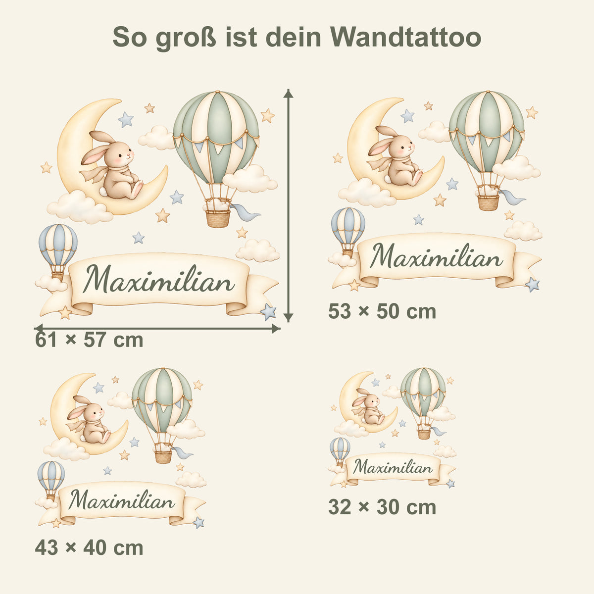 Wandtattoo Hase mit Namen im Banner - Vier Größen