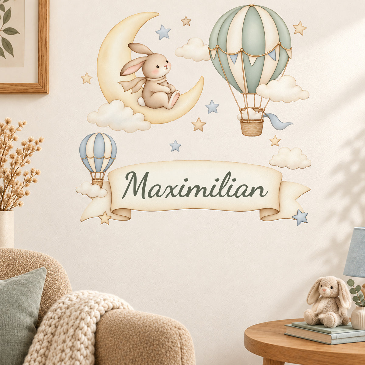 Wandtattoo Hase mit Namen im Banner - Leseecke