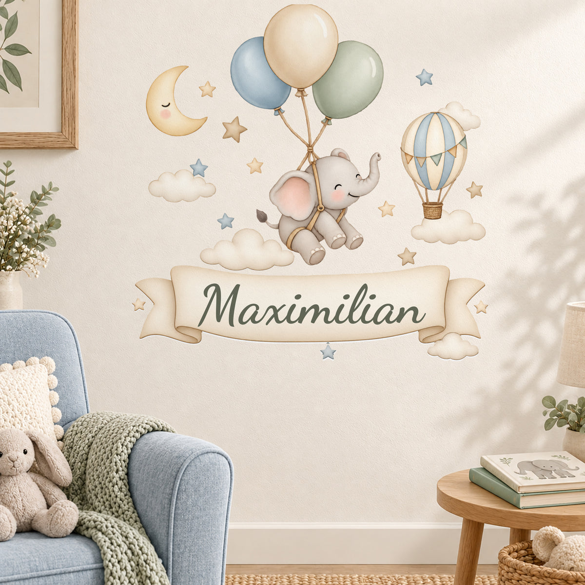Wandtattoo Elefant mit Namen im Banner - Leseecke