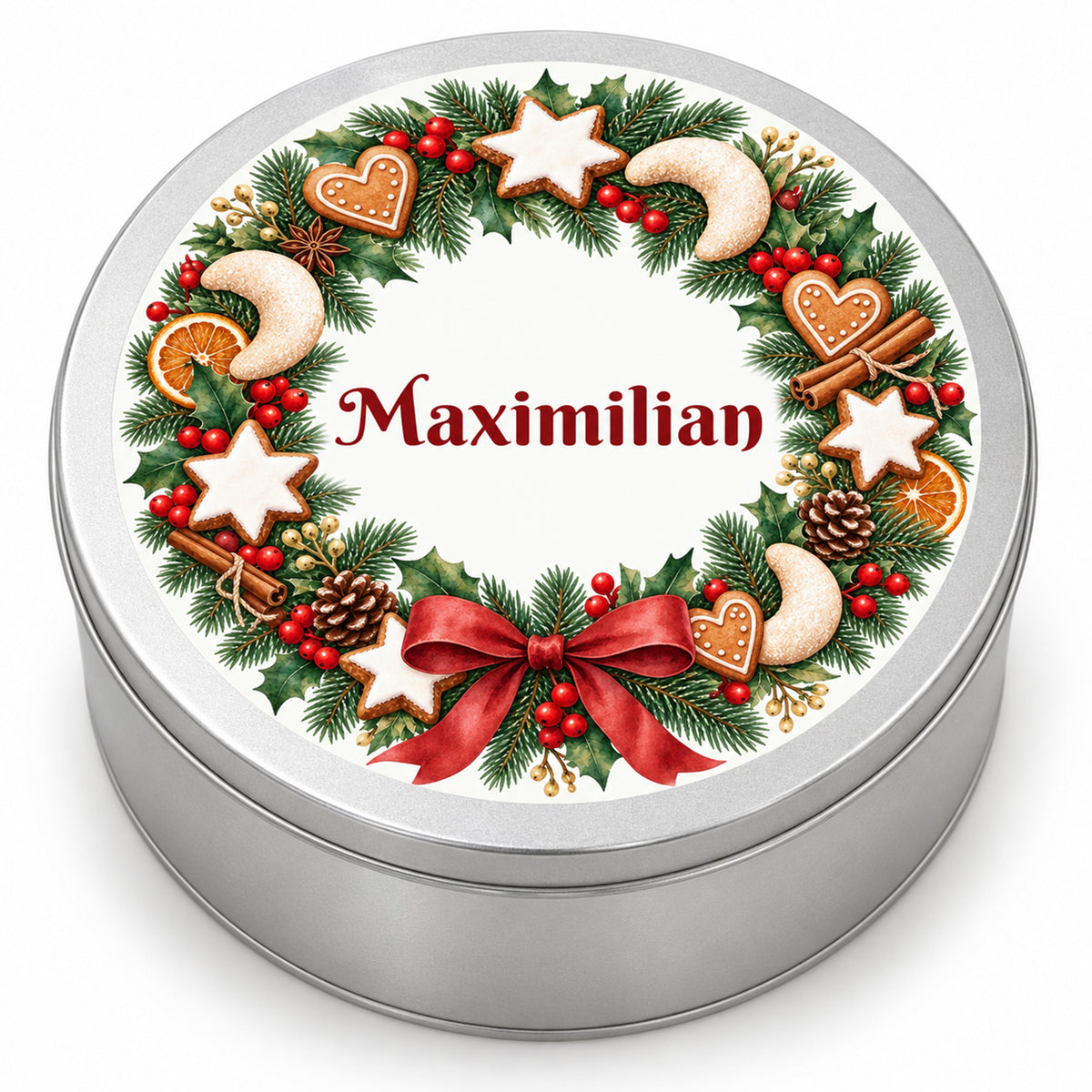 Personalisierte Weihnachts-Keksdose mit Plätzchenkranz und Wunschname