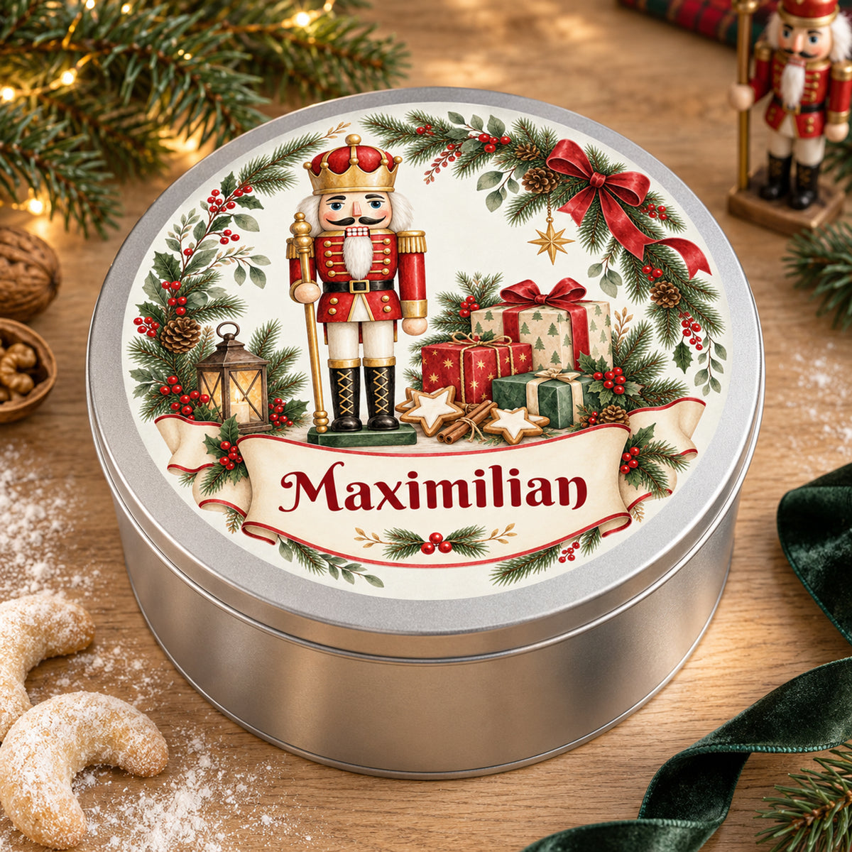 Weihnachts-Keksdose mit Nussknacker und Wunschname – Ansicht 3