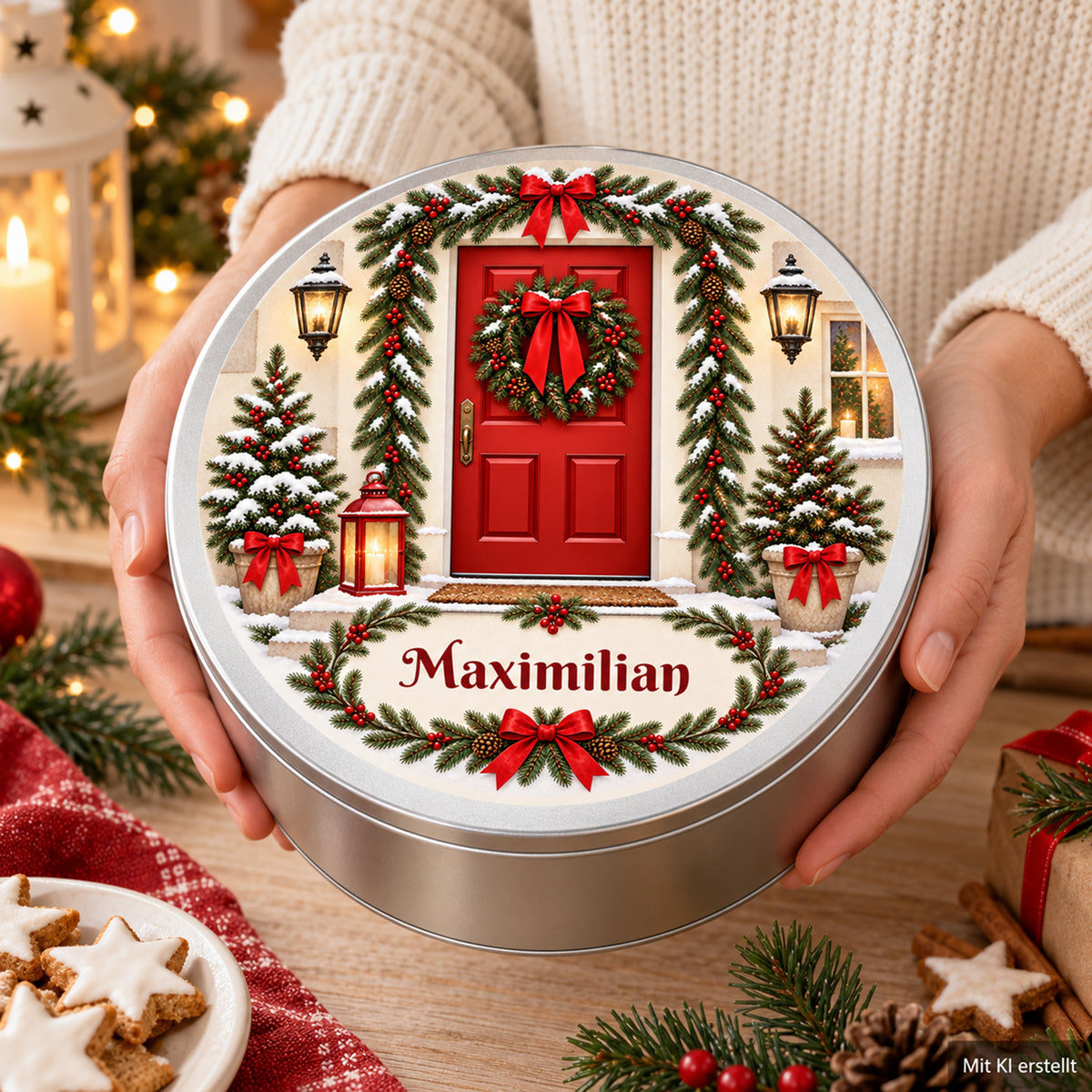 Weihnachts-Keksdose mit geschmückter Haustür und Wunschname – Ansicht 7