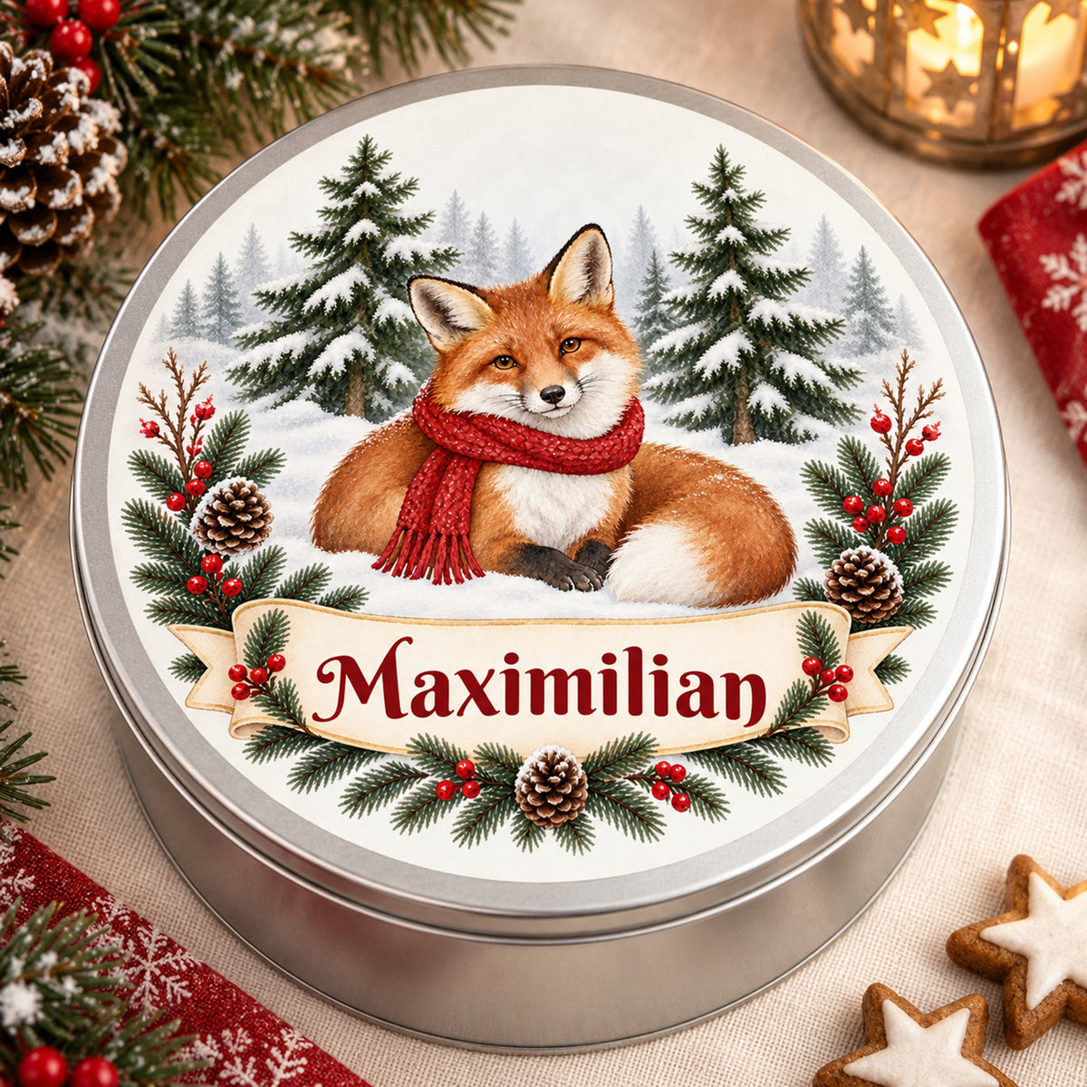Weihnachts-Keksdose mit Winterfuchs und Wunschname – Ansicht 2
