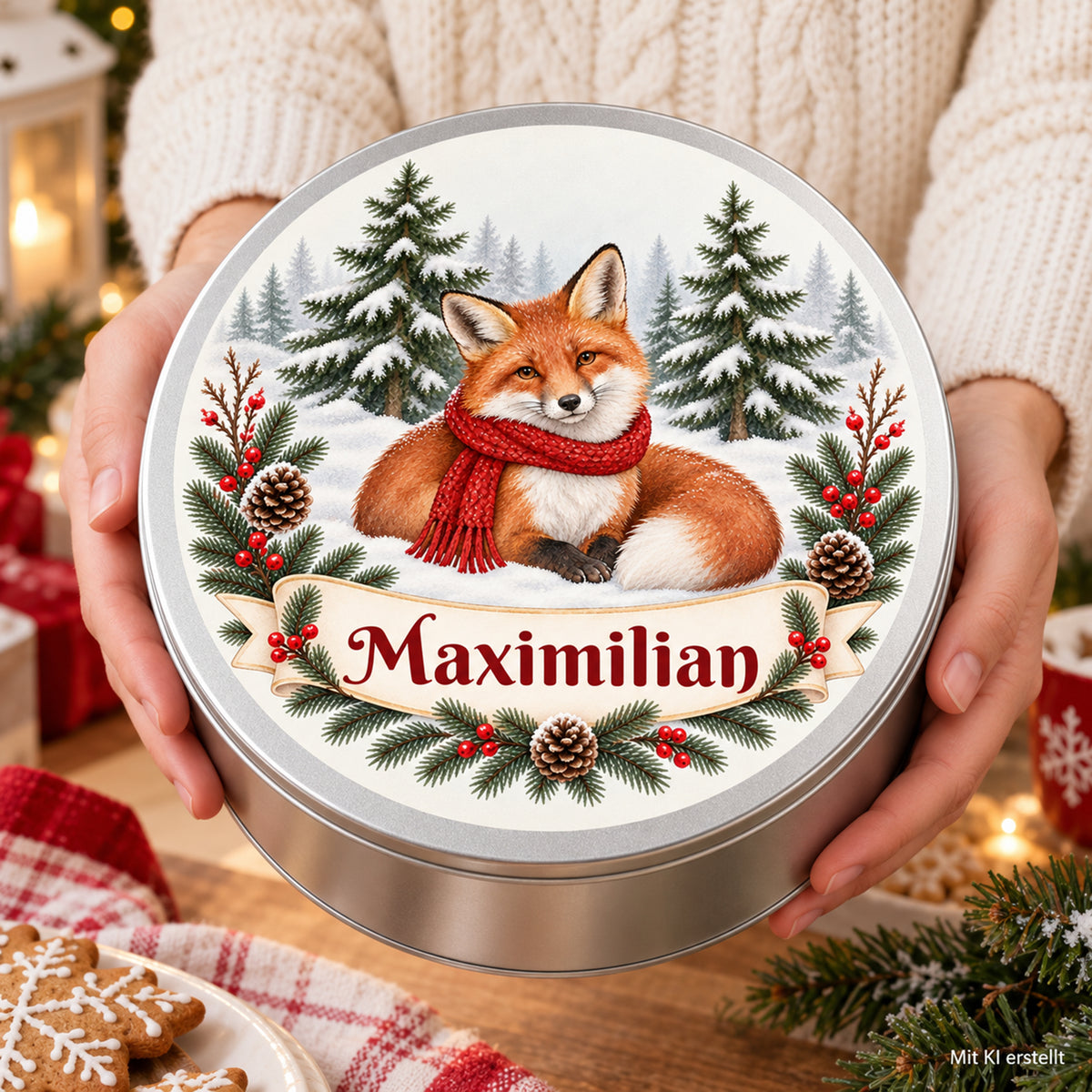 Weihnachts-Keksdose mit Winterfuchs und Wunschname – Ansicht 7