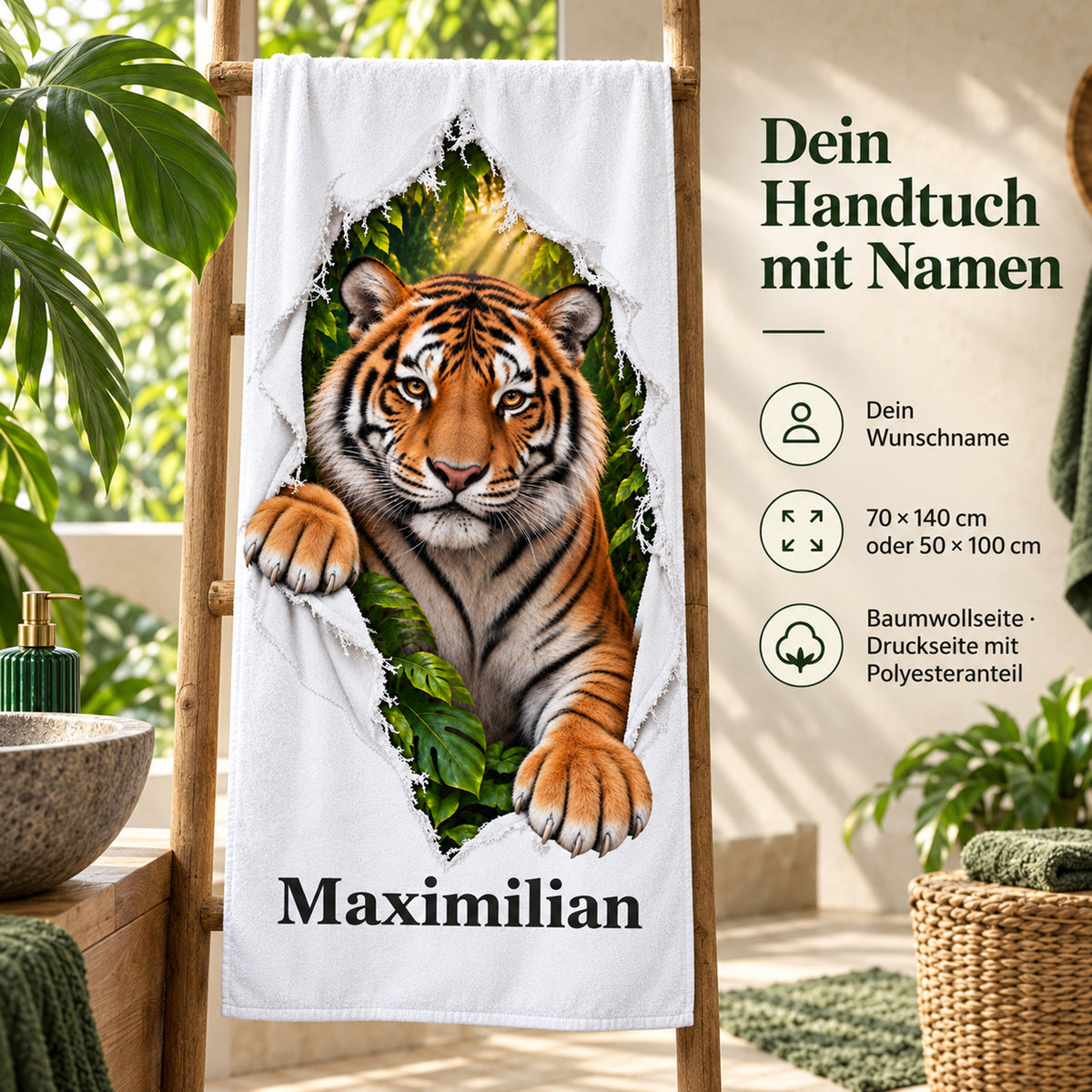 Tiger-Handtuch mit Wunschname, Größenwahl und Angaben zu Baumwoll- und Druckseite
