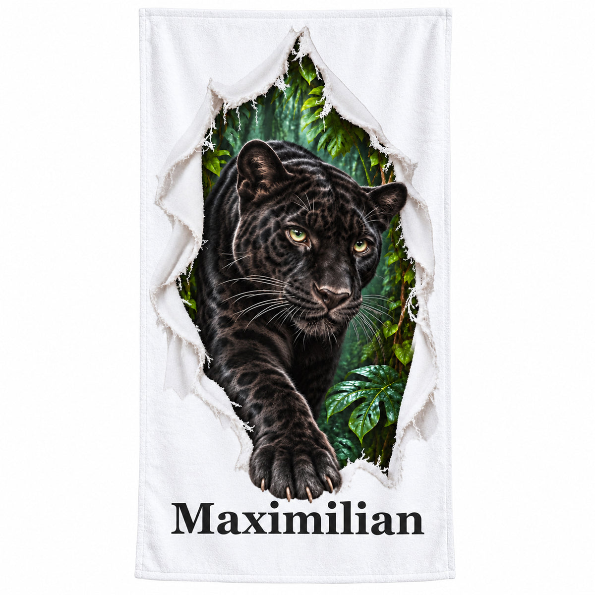 Personalisiertes Panther-Handtuch mit Wunschname und gedruckter Stoffrissoptik vor weißem Hintergrund