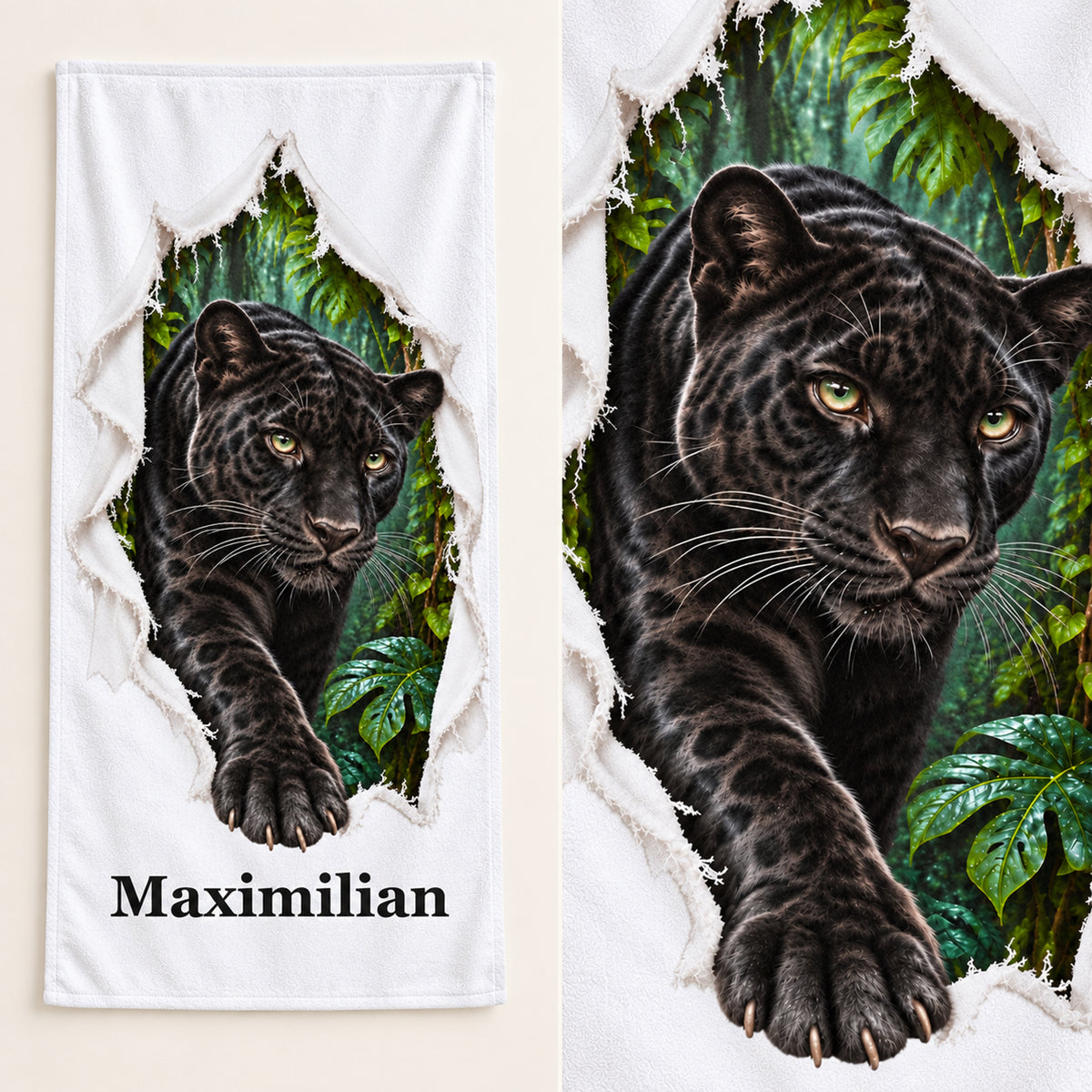 Panther-Handtuch mit Wunschname als Gesamtansicht und vergrößertem Motivdetail