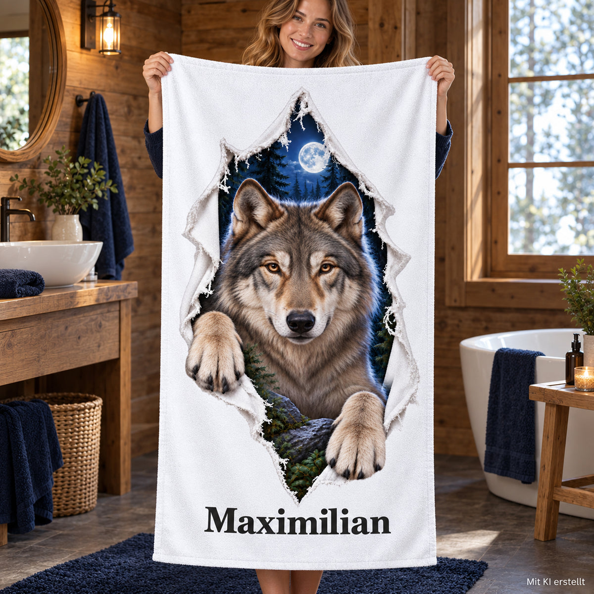 Eine Person hält das personalisierte Wolf-Handtuch im Bad