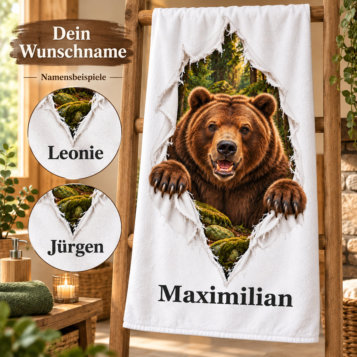 Bär-Handtuch mit Wunschname und runden Ausschnitten zur Namensgestaltung