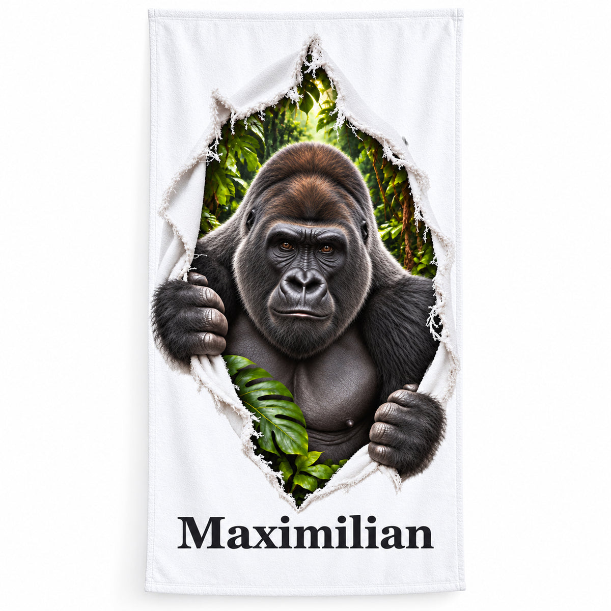 Personalisiertes Gorilla-Handtuch mit Wunschname und gedruckter Stoffrissoptik vor weißem Hintergrund