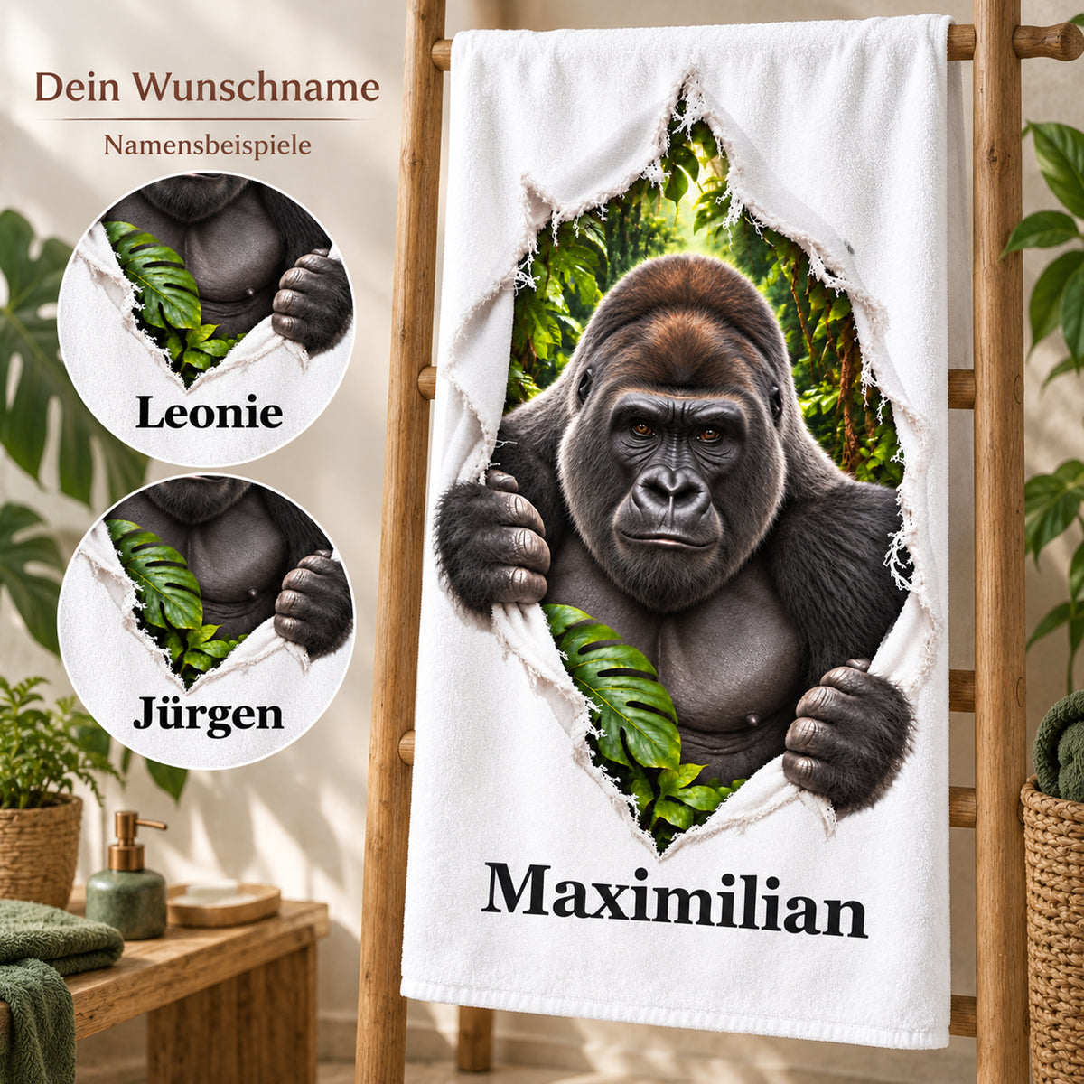Gorilla-Handtuch mit Wunschname und runden Ausschnitten zur Namensgestaltung