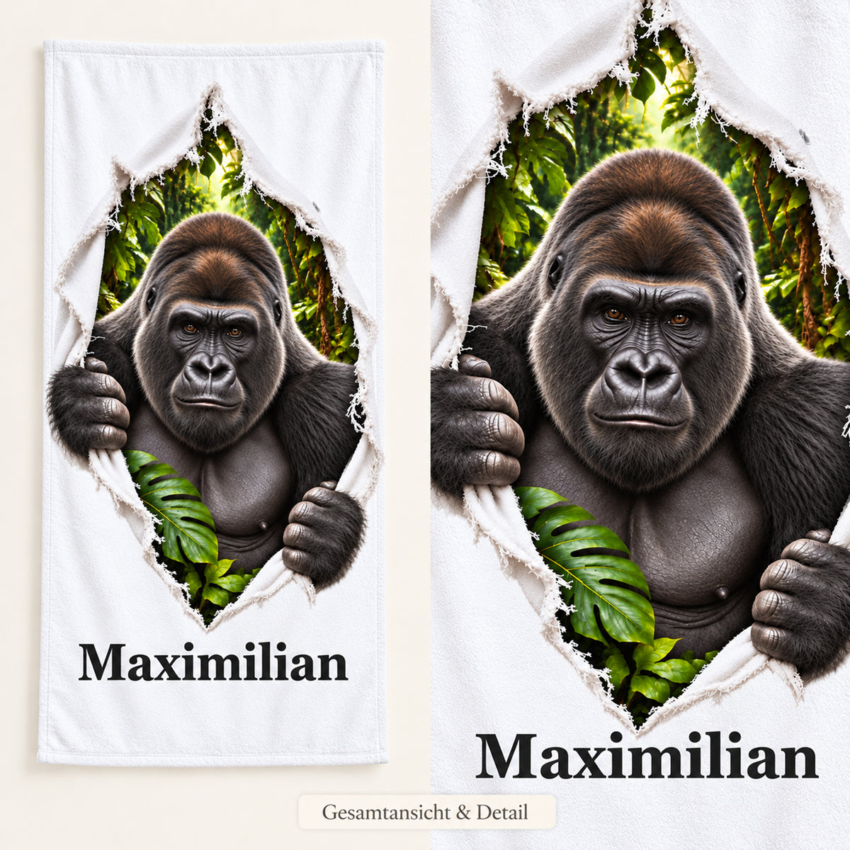 Gorilla-Handtuch mit Wunschname als Gesamtansicht und vergrößertem Motivdetail
