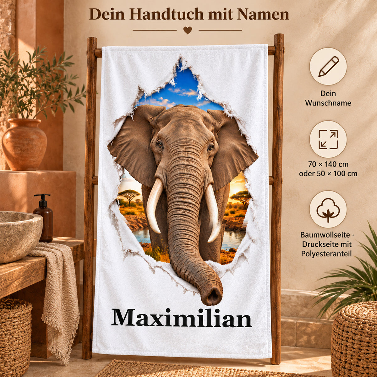 Elefant-Handtuch mit Wunschname, Größenwahl und Angaben zu Baumwoll- und Druckseite
