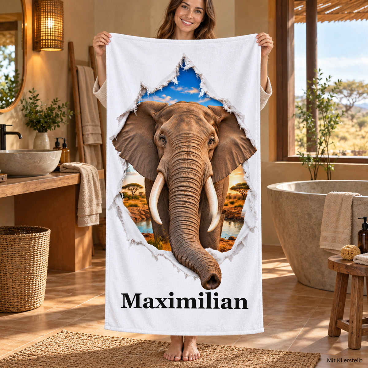 Eine Person hält das personalisierte Elefant-Handtuch im Bad