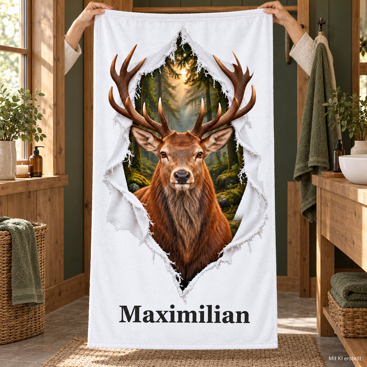 Eine Person hält das personalisierte Hirsch-Handtuch im Bad