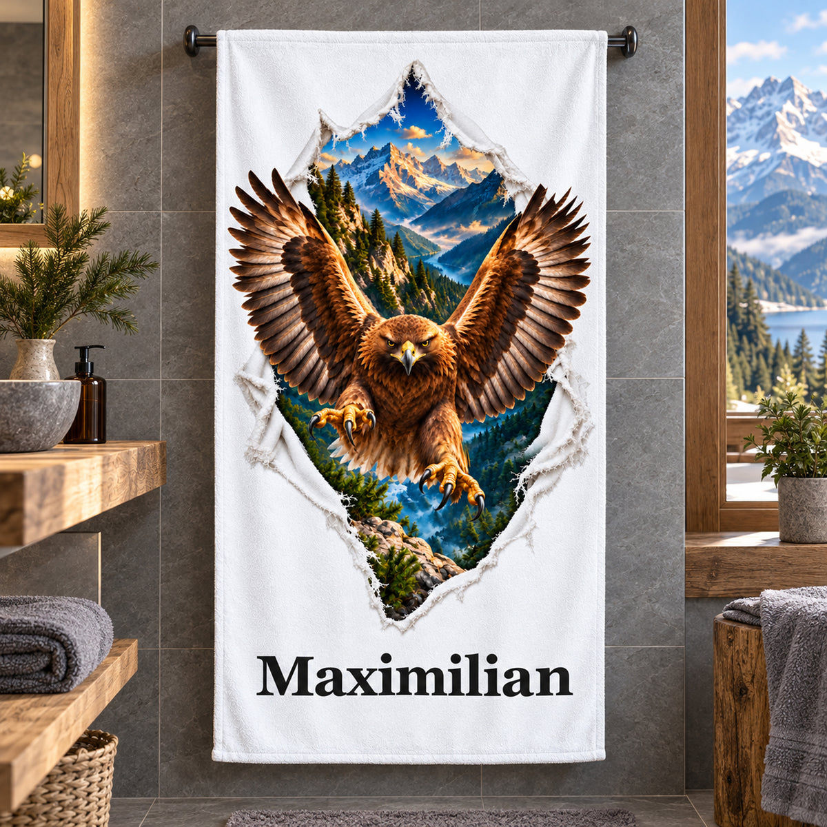 Adler-Handtuch mit Wunschname an einer Handtuchstange in einem Bad mit Bergblick und grauen Fliesen