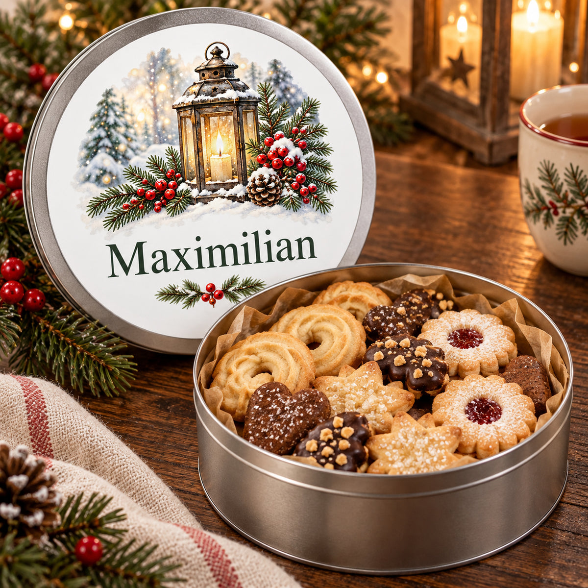 Geöffnete silberne Keksdose mit Plätzchen und aufgestelltem Deckel mit Winterlaternenmotiv.