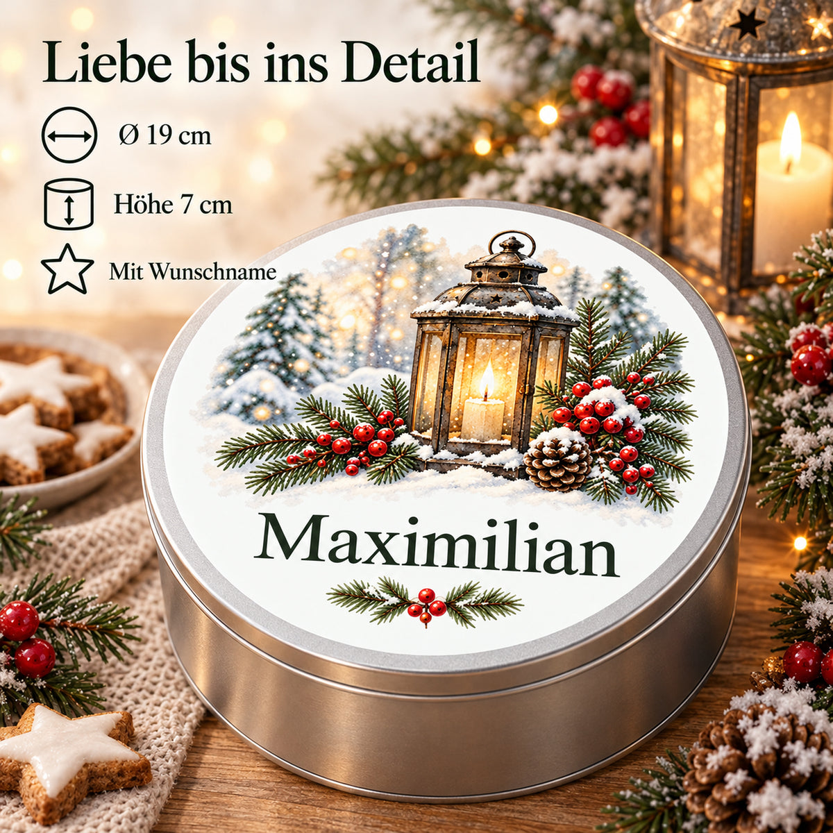 Keksdose mit Winterlaternenmotiv und Angaben zu Durchmesser, Höhe und Wunschname.