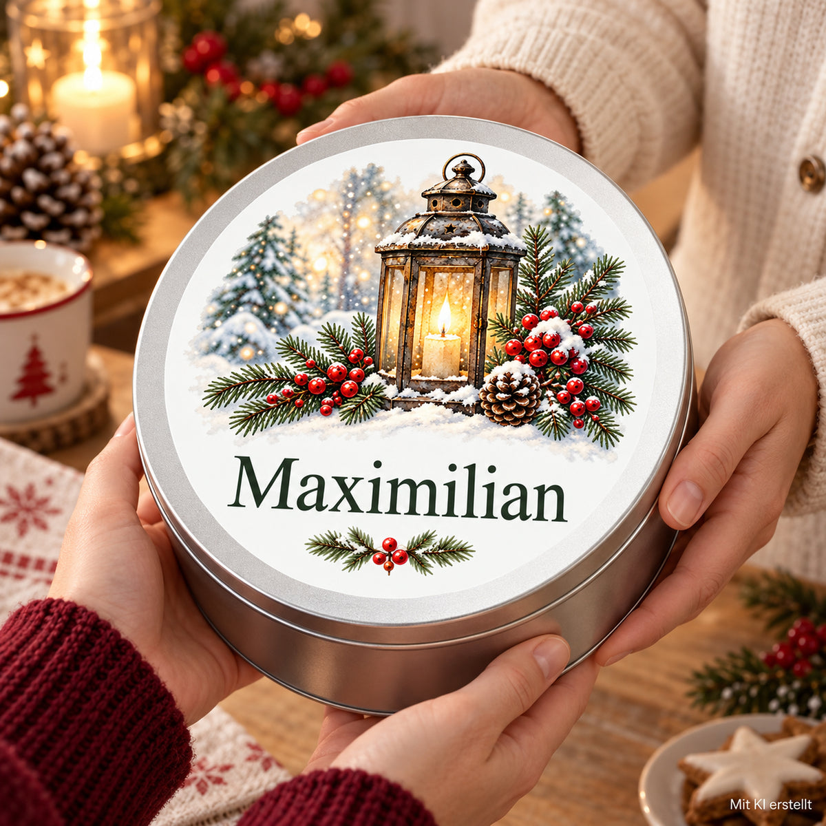 Hände übergeben eine personalisierte Keksdose mit Winterlaternenmotiv als Weihnachtsgeschenk.