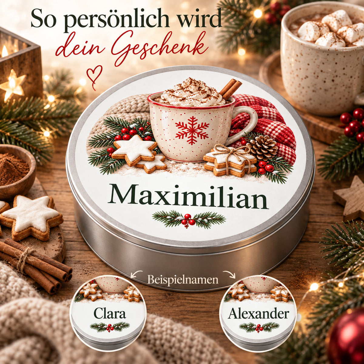 Personalisierte silberne Keksdose mit Weihnachtskakaomotiv: Personalisierung mit zwei Namensbeispielen.