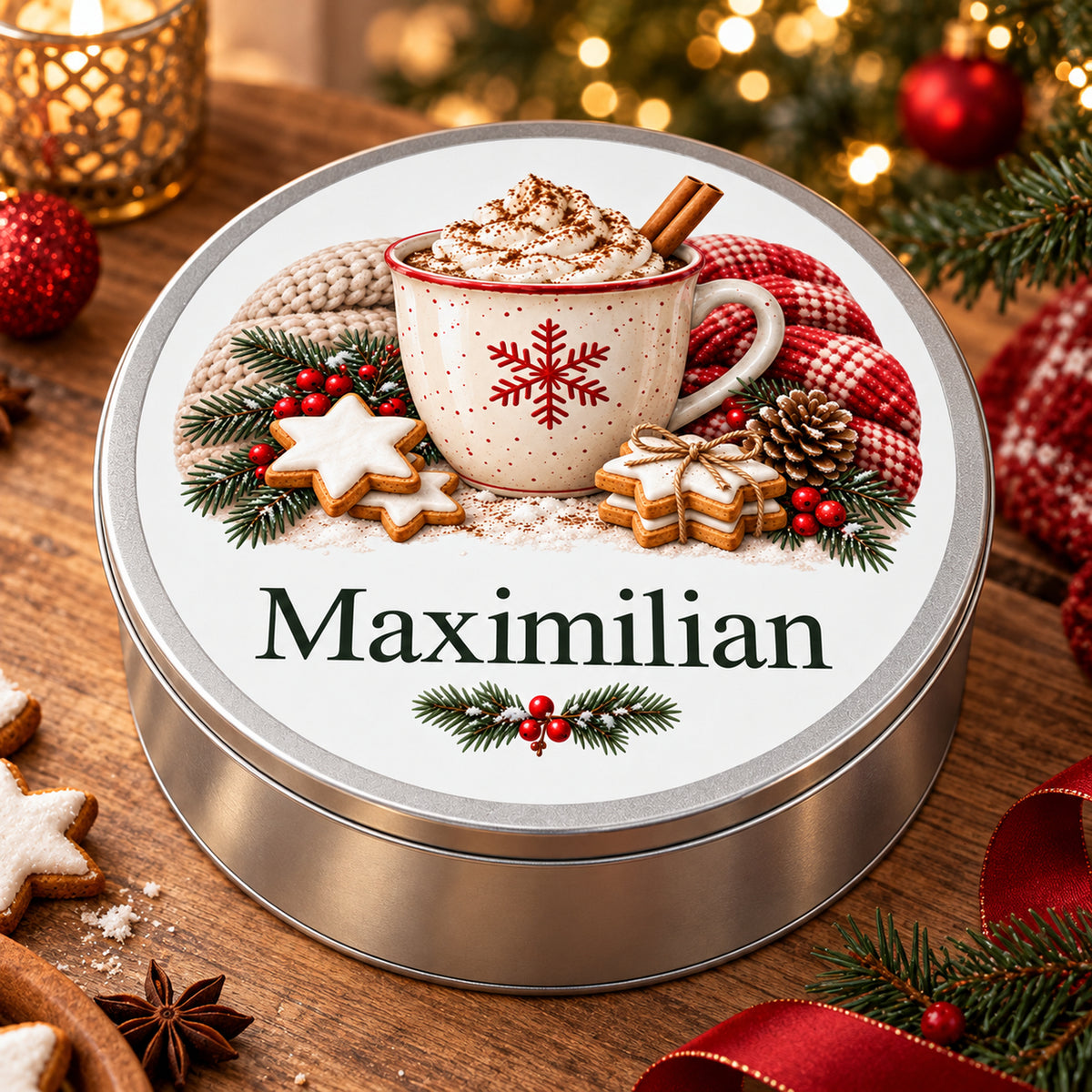 Personalisierte silberne Keksdose mit Weihnachtskakaomotiv: Geschenkansicht mit rotem Band.
