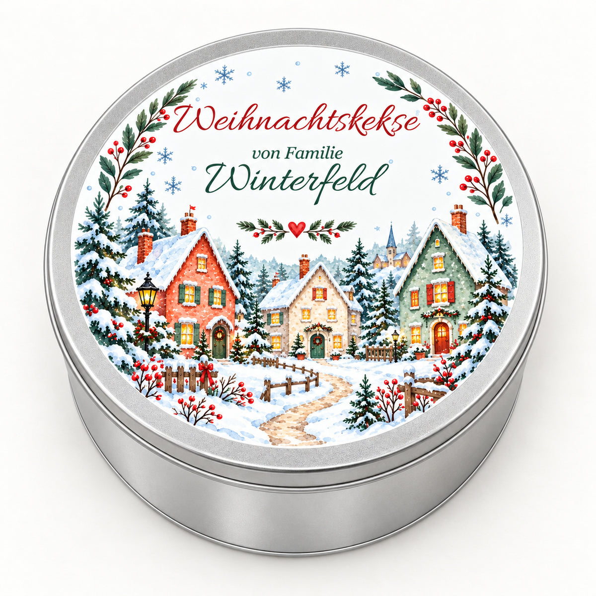 Weitere Ansicht der Weihnachts-Keksdose mit Winterdorf und Familiennamen