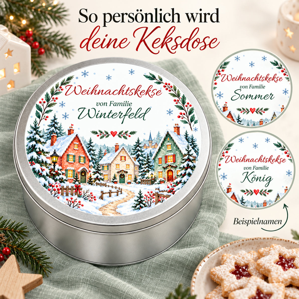 Personalisierung der Keksdose mit Winterdorf: Familienname als gut lesbarer Aufdruck