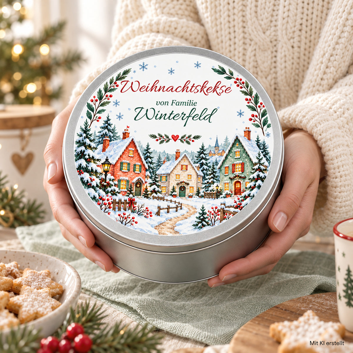Hände halten die personalisierte Weihnachts-Keksdose mit Winterdorf