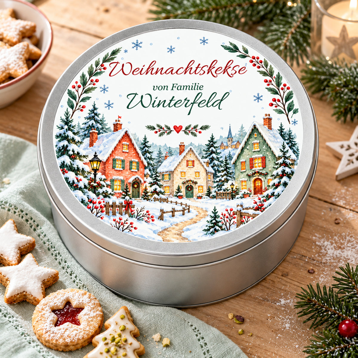 Personalisierte Keksdose mit Winterdorf auf einem gedeckten Weihnachtstisch