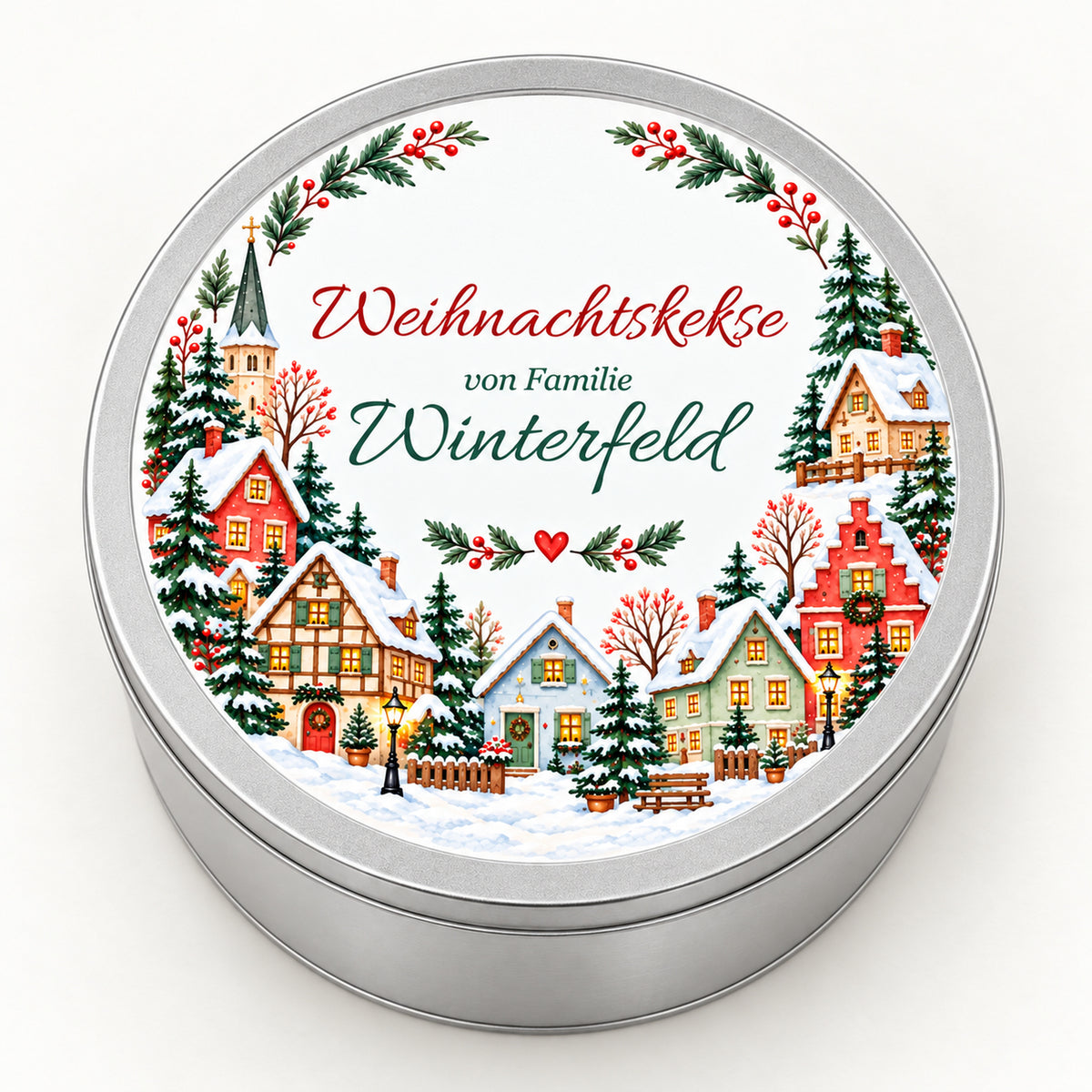 Weitere Ansicht der Weihnachts-Keksdose mit Häuserring und Familiennamen
