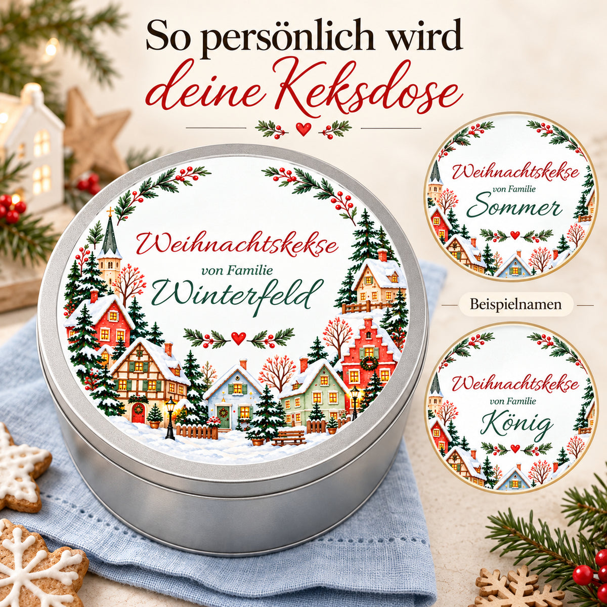 Personalisierung der Keksdose mit Häuserring: Familienname als gut lesbarer Aufdruck