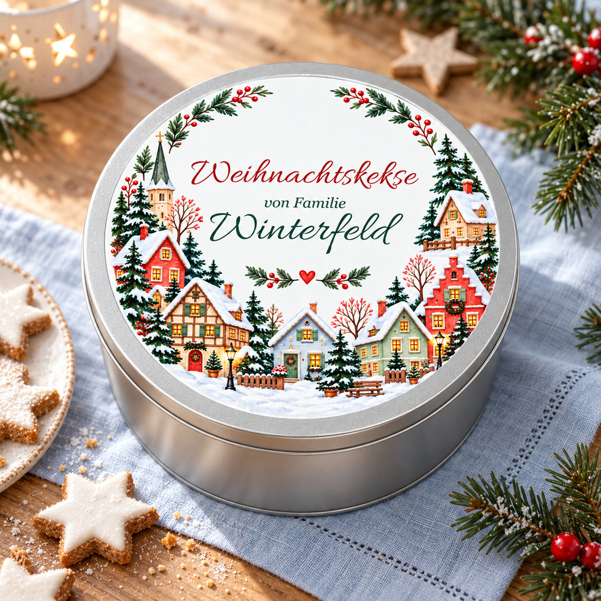 Personalisierte Keksdose mit Häuserring auf einem gedeckten Weihnachtstisch