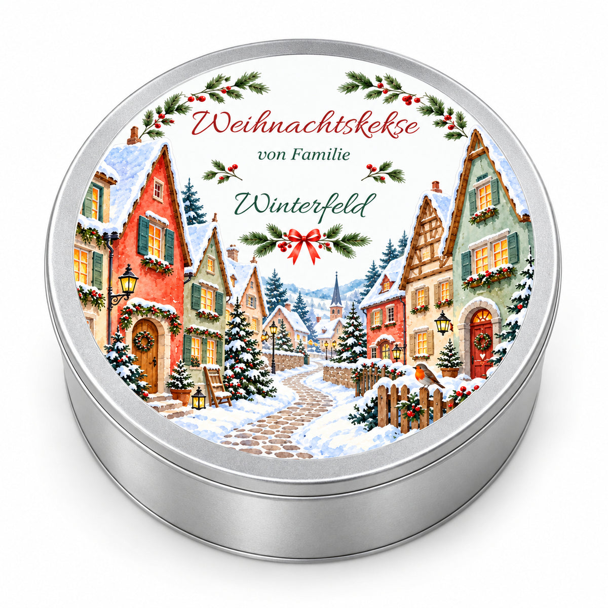 Runde personalisierte Keksdose mit verschneiter Gasse in Aquarellfarben auf dem Deckel
