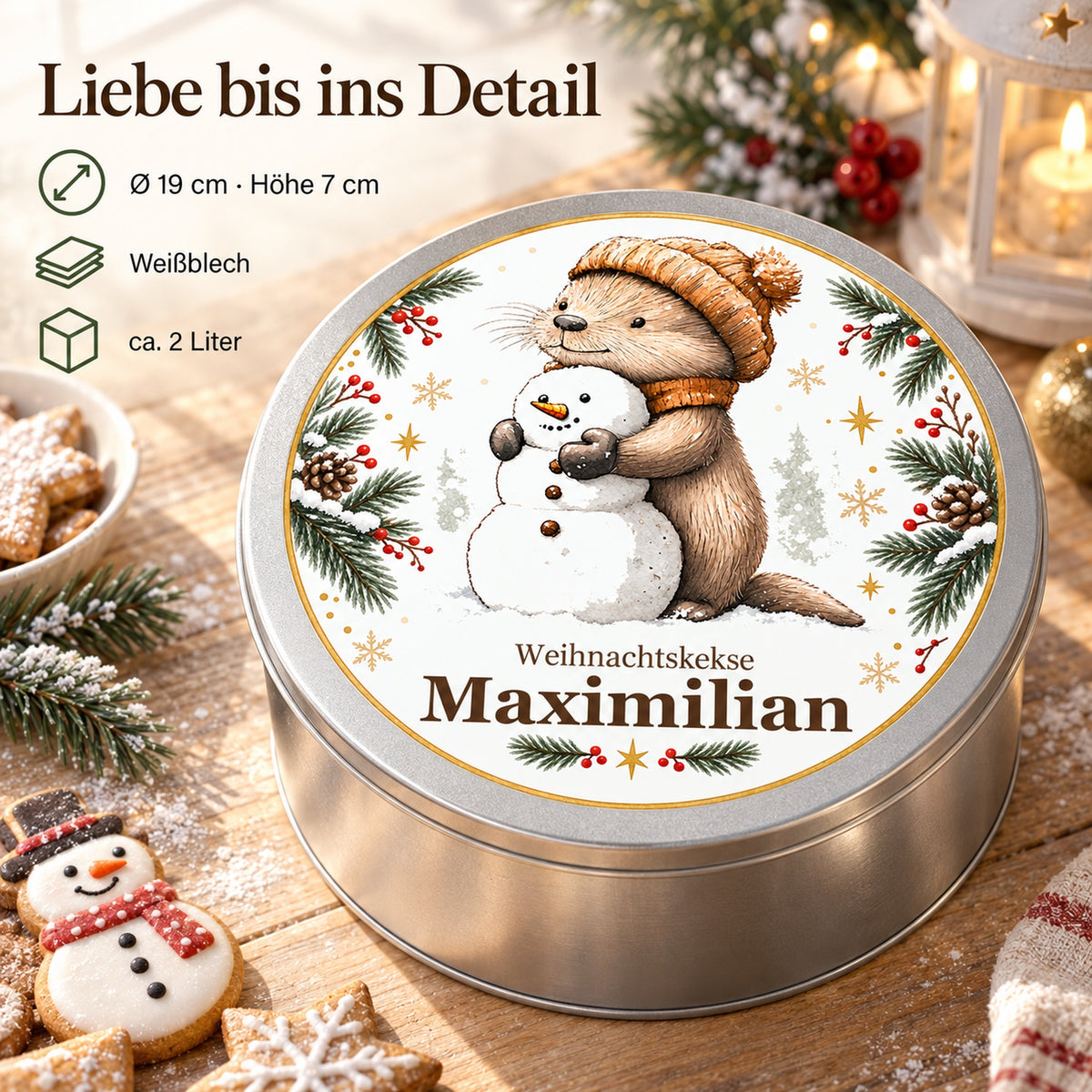 Keksdose Weihnachten, Otter mit Schneemann, mit Wunschname und Maß- und Materialangaben