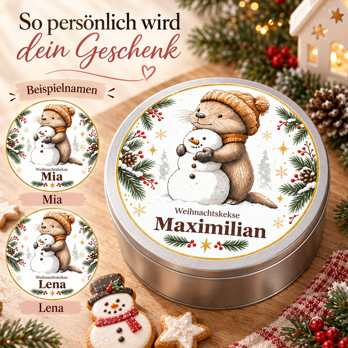 Keksdose Weihnachten, Otter mit Schneemann, mit Wunschname und Namensbeispielen