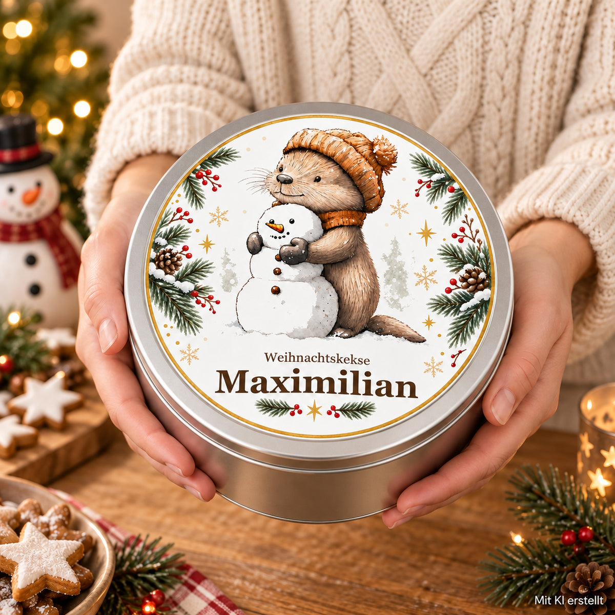 Keksdose Weihnachten, Otter mit Schneemann, mit Wunschname in zwei Händen beim Überreichen, KI-Hinweis