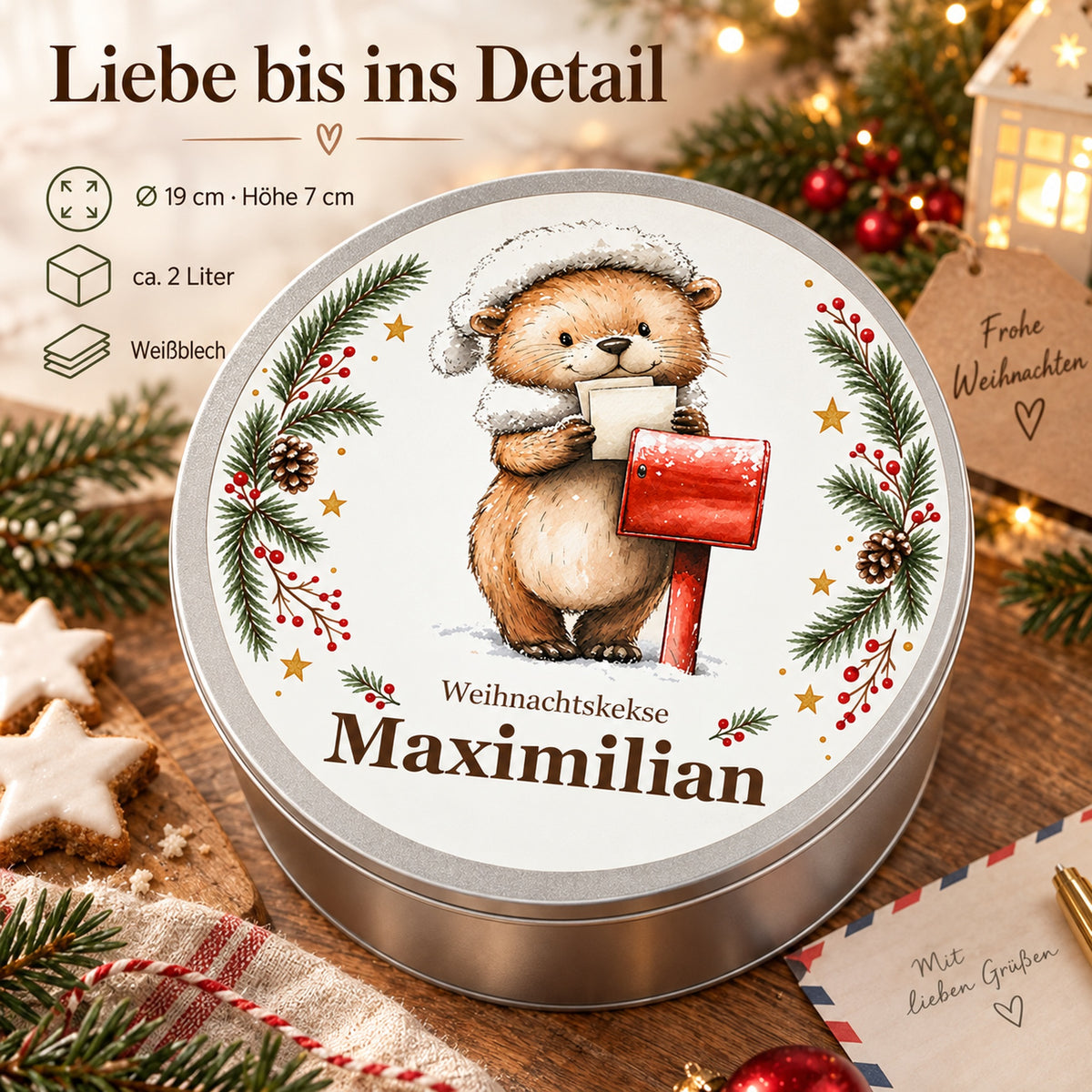 Keksdose Weihnachten, Otter mit Weihnachtspost, mit Wunschname und Maß- und Materialangaben